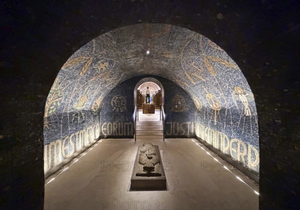 Entrance to the episcopal crypt, grave slab with relics of Bishop Meinwerk, crypt, Paderborn Cathedral, Ostwestfalen-Lippe, North Rhine-Westphalia, Germany