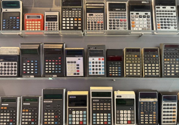Pocket calculator, many different models, Heinz Nixdorf MuseumsForum, Computer Museum, Paderborn, North Rhine-Westphalia, Germany