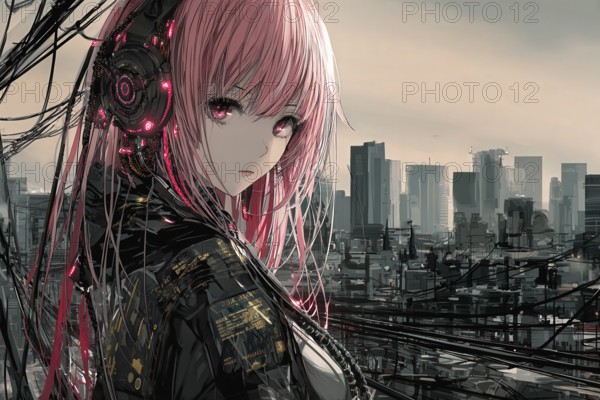 Cyberpunk anime girl with pink hair, glowing eyes and headphones in front of a city skyline, AI generated