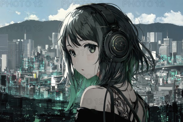 Cute Japanese anime girl with black hair in front of a city skyline, AI generated