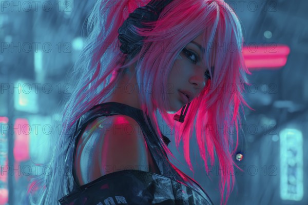 Cyberpunk anime girl with pink hair and headphones in a neon light environment, AI generated
