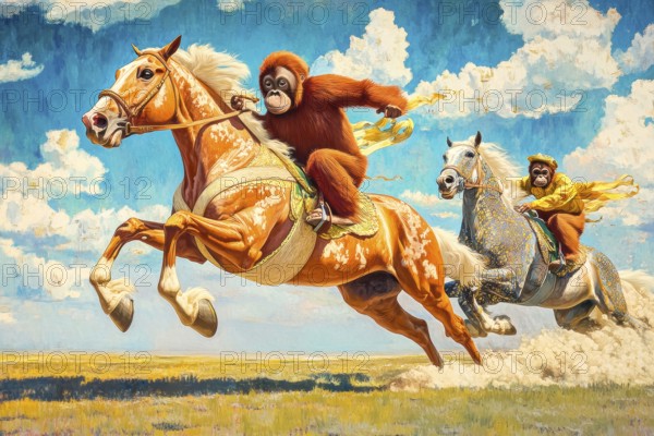 Orangutans participating in horse racing, AI generated