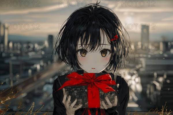 Cute Japanese anime girl with black hair and a gift in the hand in front of a city skyline, AI generated