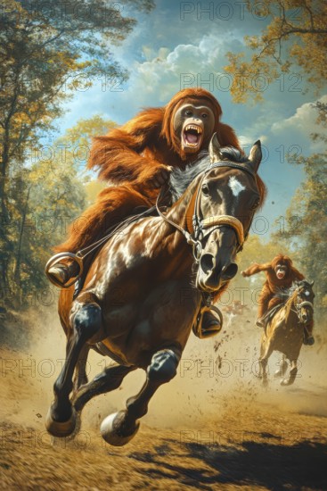 Orangutans participating in horse racing, AI generated