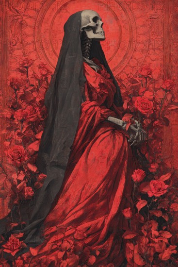 Frightened representation of the allegory of death symbolized by a dressed skeleton, AI generated