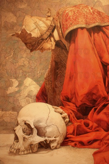 Medieval representation of the allegory of Death symbolized by man and skulls, AI generated