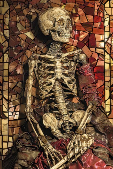 Surrealistic representation of the allegory of Death symbolized by a skeleton, AI generated