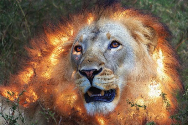 Lion's head with ablaze mane, AI generated