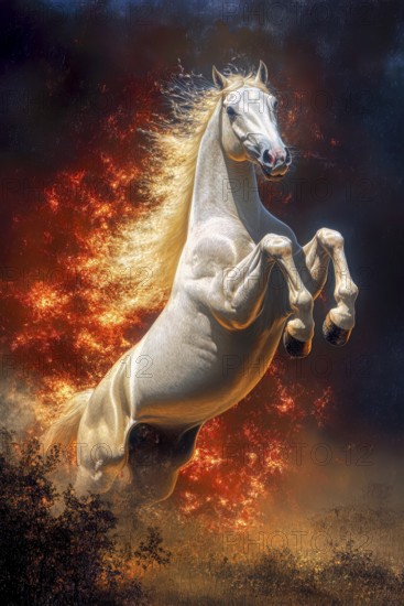 Large majestic rearing Camargue white horse with ablaze mane, AI generated