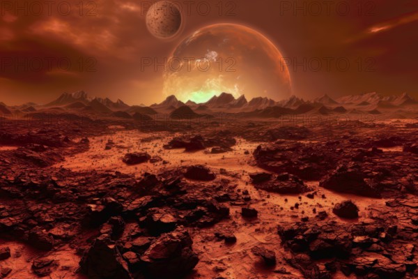 Imaginary desolate landscape of a red planet after an earthquake, AI generated