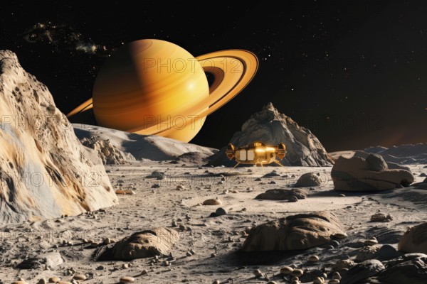 Base on a distant planet with Saturn behind, AI generated