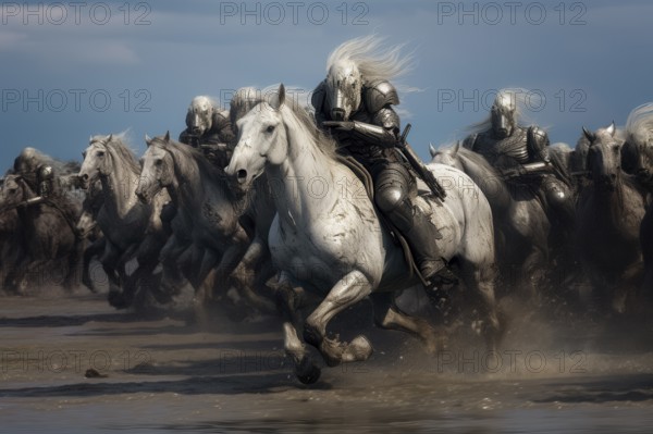 Cyborg soldiers in full battle armor riding white horses in water, AI generated