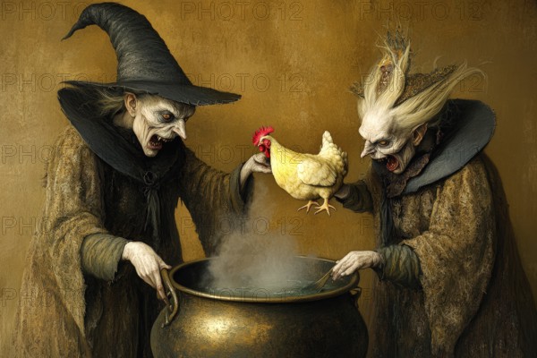 Two horrible witches preparing a chicken to be boiled in a cauldron, AI generated
