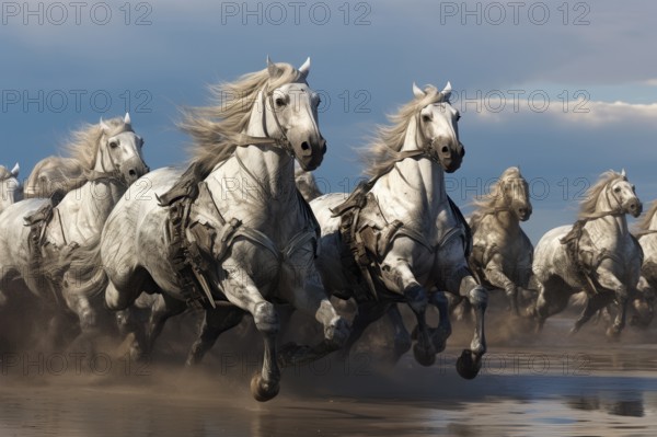 Harnessed white horses running wild in water, AI generated