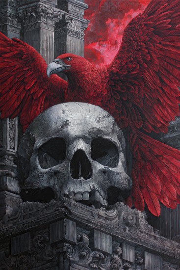 Allegory of Death symbolized by red raven on a skull, AI generated