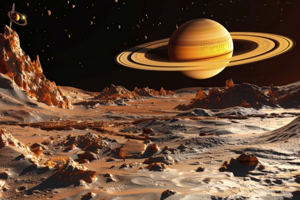 View on Saturn from a distant planet, AI generated