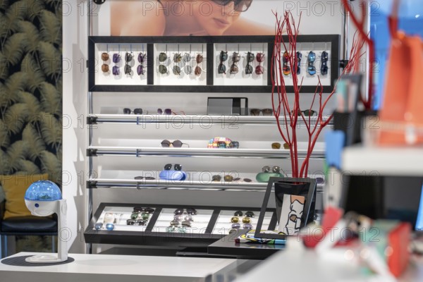 Modern optician shop with sunglasses and decorative elements, optician, Pforzheim