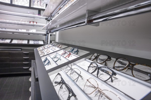 Showcase in an eyewear store with various models of glasses, optician, Pforzheim