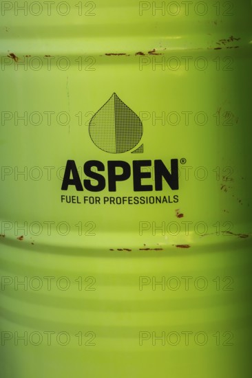 Close-up of Aspen 52.8 gallon gas fuel drum for professionals for filling up small 2 stroke engine equipment for public garden maintenance, Quebec, Canada