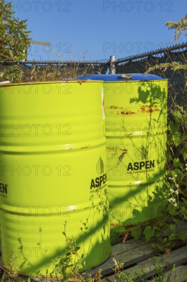 Aspen 52.8 gallon gas fuel drums for professionals for filling up small 2 stroke engine equipment for public garden maintenance, Quebec, Canada
