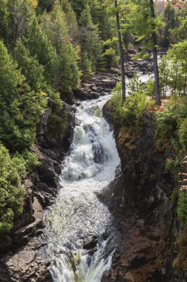 High angle view of Dorwin Falls and Ouareau river in autumn, Dorwin Falls Park, Rawdon, Lanaudiere, Quebec, Canada
