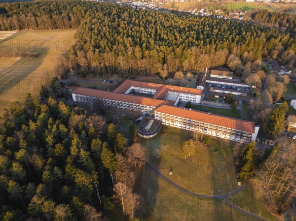 Aerial view of a building complex surrounded by forest in a rural area, rehab clinic, Schömberg, Black Forest, Germany