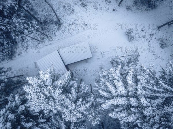 Aerial view of a snowy trail with huts between trees, Himmelsglück observation tower with Flying Fox, Schömberg, Black Forest, Germany