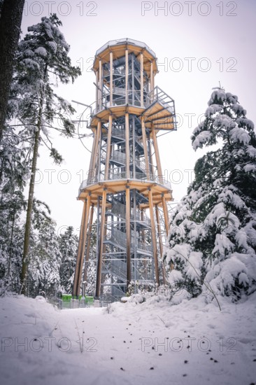 A snowy treetop trail against a winter sky under snow-covered trees, Himmelsglück observation tower with Flying Fox, Schömberg, Black Forest, Germany