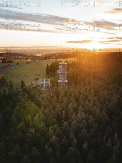 Panorama with observation tower in the middle of a forest at sunset, observation tower Himmelsglück with Flying Fox, Schömberg, Black Forest, Germany