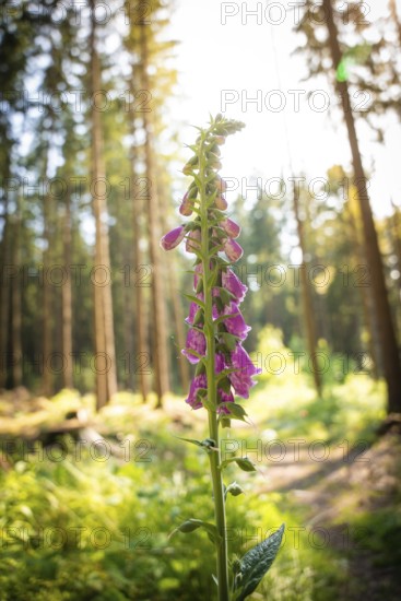 A purple foxglove flower in the forest in sunlight between tall trees, Himmelsglück observation tower with Flying Fox, Schömberg, Black Forest, Germany