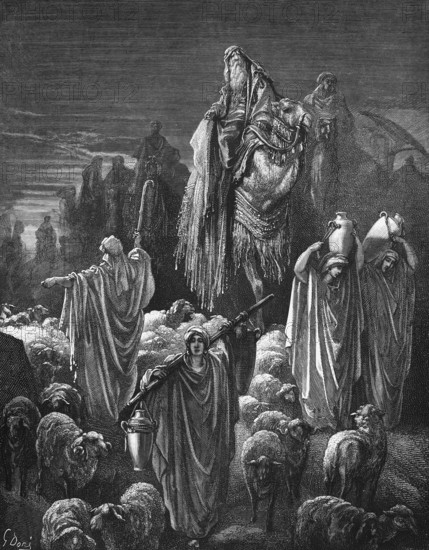 First book of Moses, chapter 46, verse 1, Jacob moves to Egypt with everything that belongs to him, Bible, Old Testament, Genesis, history of creation, law books, travel, horsemen, decorated camels, flock of sheep, shepherd, farues with water jugs, historical illustration based on Gustave Doré around 1880