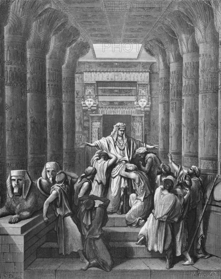 First book of Moses, chapter 45, verse 1, Jopseph reveals himself to his brothers as no longer an Egyptian is present, Egypt, Bible, Old Testament, Genesis, story of creation, law books, palace, temple, hieroglyphics, pillars, gate, siblings, relief, joy, gratitude, kneel down, spread arms, statues, historical illustration based on Gustave Doré around 1880