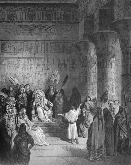 First book of Moses, chapter 41, verse 14, Jospeph was brought out of prison and interprets Pharaoh's dream, Egypt, Bible, Old Testament, Genesis, history of creation, law books, interior, palace, hieroglyphics, wall, pillars, throne, court, palm fronds, thinking, thinking, uncertain, explaining, interpreting, historical illustration based on Gustave Doré around 1880