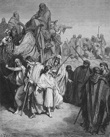 First book of Moses, chapter 37, verse 25, Joseph is sold by his brothers to a caravan of Ishmaelites, Bible, Old Testament, Genesis, history of creation, law books, many men, woman, camel, riding, sadness, shame, crime, sale, trade, horror, historical illustration after Gustave Doré around 1880