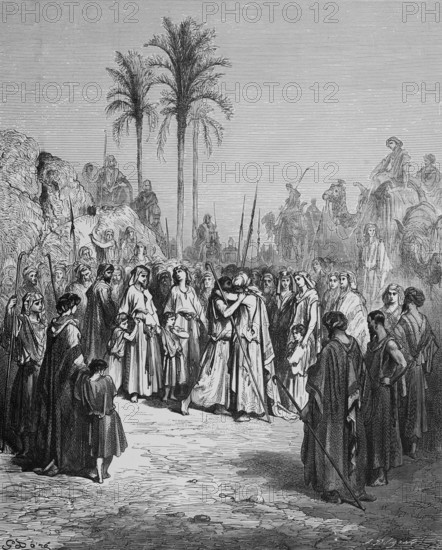 First book of Moses, chapter 33, verse 4, reconciliation of Jacob with Esau, Esau runs to meet him, hugs him, falls around his neck and kisses him, both start crying, Bible, Old Testament, Genesis, story of creation, law books, crowd, palm trees, camels, riders, woman, children, men, shepherd's staff, historical illustration based on Gustave Doré around 1880