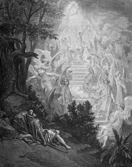 First book of Moses, chapter 28, verse 12, Jacob's dream of a ladder from earth to heaven, angels ascending and descending, Bible, Old Testament, Genesis, story of creation, law books, brightness, contrast, sleep, numerous angels, light, steps to God, plants, trees, clouds, historical illustration based on Gustave Doré around 1880