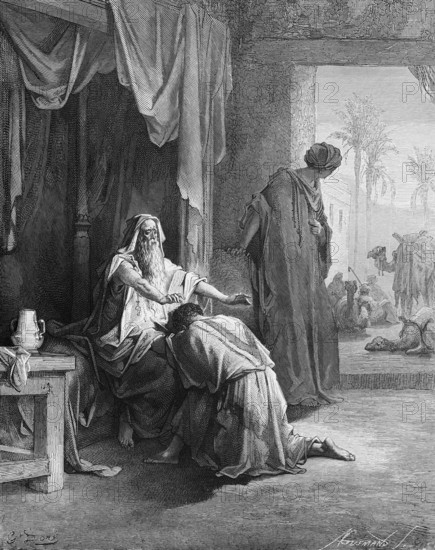 First book of Moses, chapter 27, verse 27, Isaac blesses Jacob, the scent of my son is like the scent of a field, Bible, Old Testament, Genesis, story of creation, law books, interior, bed, table, pitcher, blessing, kneeling, barefoot, woman looking outside, camels, palm trees, historical illustration by Gustave Doré around 1880