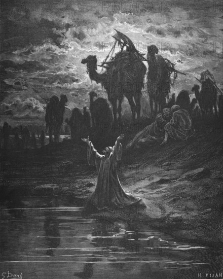 Genesis, chapter 32, verse 12, The prayer of Jacob, Lord, save me from my brother, rescue me from the hand of Esau, Bible, Old Testament, Genesis, story of creation, law books, darkness, light in the sky, clouds, shore, despair, plea, camel, traveler, historical illustration based on Gustave Doré around 1880