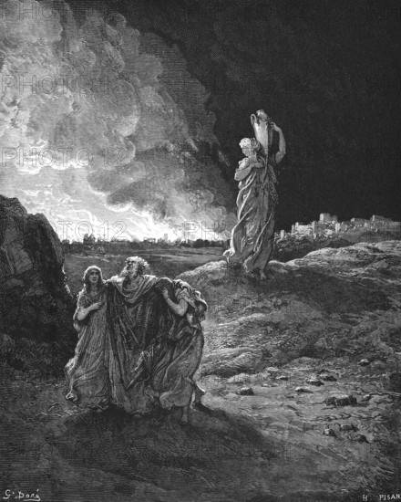 First book of Moses, chapter, 19 verse 23, Lot's salvation, the Lord rained sulfur and fire on Sodom and Gomorrah, city, fire, destruction, salvation, Bible, Old Testament, Genesis, story of creation, law books, woman, man, carry jug, rocks, landscape, exhausted, historical illustration after Gustave Doré around 1880