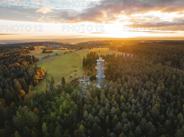 Observation tower in the middle of a forest with wide views of fields, Himmelsglück observation tower with Flying Fox, Schömberg, Black Forest, Germany
