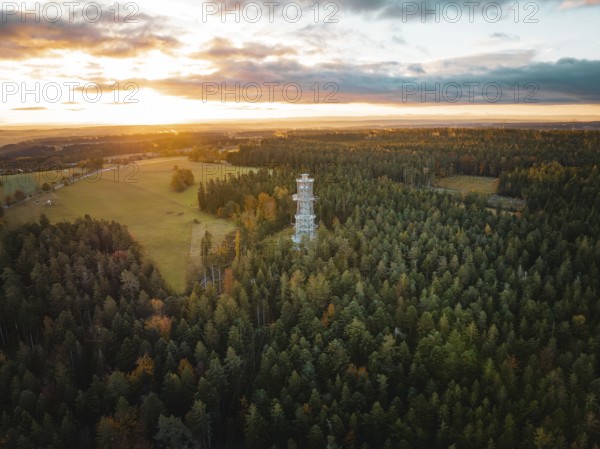Tower surrounded by endless forests and rolling hills, Himmelsglück observation tower with Flying Fox, Schömberg, Black Forest, Germany