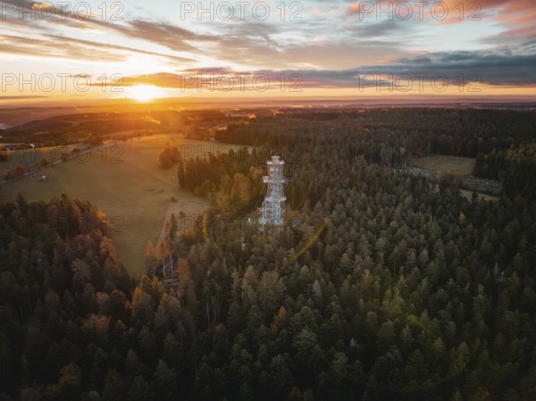 Extensive view of forest and landscape at sunset, Himmelsglück observation tower with Flying Fox, Schömberg, Black Forest, Germany