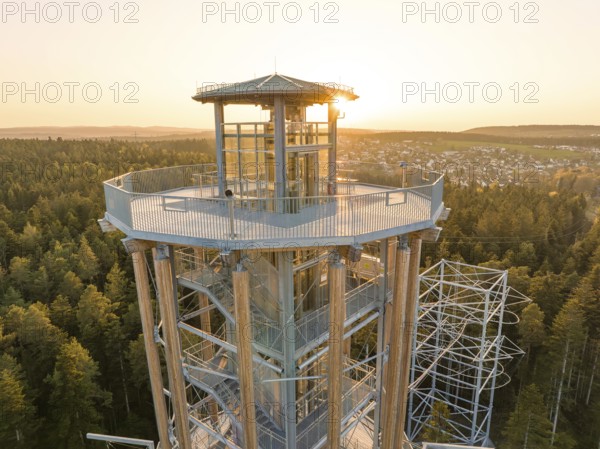Higher view of the observation tower and surrounding forests in sunlight, Himmelsglück observation tower with Flying Fox, Schömberg, Black Forest, Germany