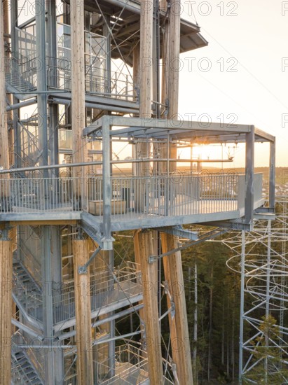 Close-up of a platform of a wooden observation tower at sunset with intricate details, Himmelsglück observation tower with Flying Fox, Schömberg, Black Forest, Germany