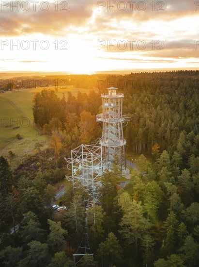Observation tower surrounded by trees in golden sunlight, Himmelsglück observation tower with Flying Fox, Schömberg, Black Forest, Germany