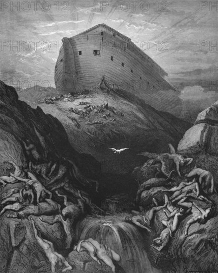 First book of Moses, chapter 8, verse 8, Noah's sending of the dove, That water flows off on earth, Bible, Old Testament, Genesis, story of creation, law books, ark, wooden boat, death, flowing water, deluge, rays of light in the sky, naked people, rocks, white bird, historical illustration after Gustave Doré around 1880