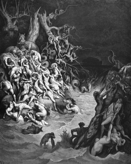 Genesis, chapter 7, verse 19, The flood, the earth is flooded, masses of water rise higher and cover the mountains, Bible, Old Testament, Genesis, story of creation, law books, flood, fear, despair, punishment, death, rescue, naked people, snakes, drowning, trees, historical illustration based on Gustave Doré around 1880
