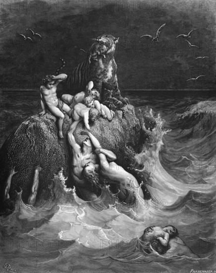 First book of Moses, chapter 7, verse 21, The flood, destruction of all flesh, all living things on earth perish: birds, cattle and wild animals, including humans, Bible, Old Testament, Genesis, story of creation, law books, flood, disaster, naked people, fear, despair, rocks in the sea, high waves, dark sky, drowning, lion, historical illustration based on Gustave Doré around 1880