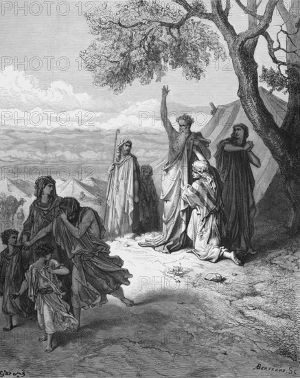 First book of Moses, chapter 9, verse 25, Noah's sons, Noah cursed Ham, Canaan should be cursed, Bible, Old Testament, Genesis, story of creation, law books, two groups, tents, children, woman, men, curse, expel, grief, misfortune, shepherd's staff, vestments, walking, landscape, historical illustration after Gustave Doré around 1880