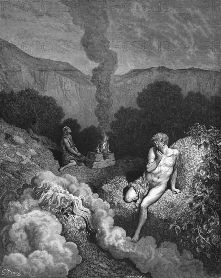 First book of Moses, chapter 4, verse 4, Abel's sacrifice, Bible, first-born animals Abel's flock and their fat, God's goodwill, Old Testament, Genesis, story of creation, law books, sacrifice, fire, smoke, bushes, mountain landscape, historical illustration based on Gustave Doré around 1880